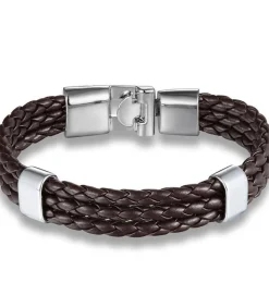 Heren TrendFox Tripe Armband Heren - Bruin Leer - Stalen Accenten