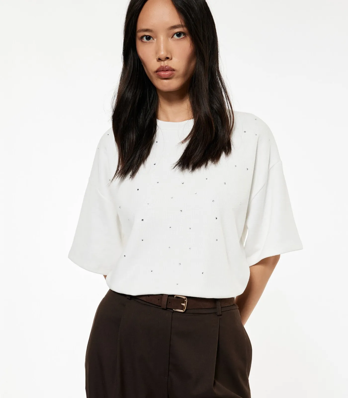 Outlet T-shirt Korte Mouwen Ronde Hals Met Strassdetail DAMES T-Shirts & Tops