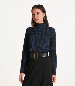 Hot T-shirt zwart en blauw in jacquard met print en lange mouwen DAMES T-Shirts & Tops