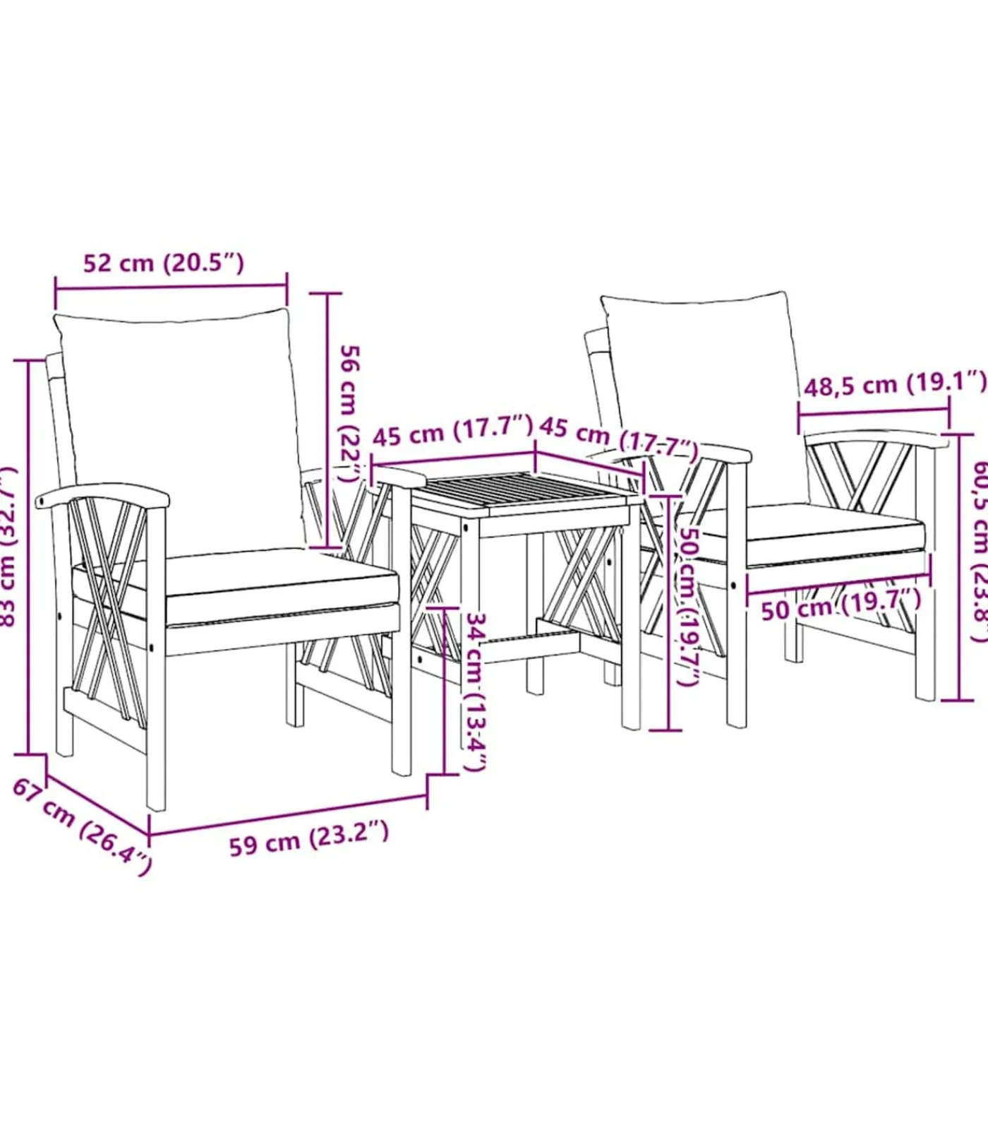 vidaXL Tuinbank Set met kussen 3 pcs Bruin Massief acaciahout