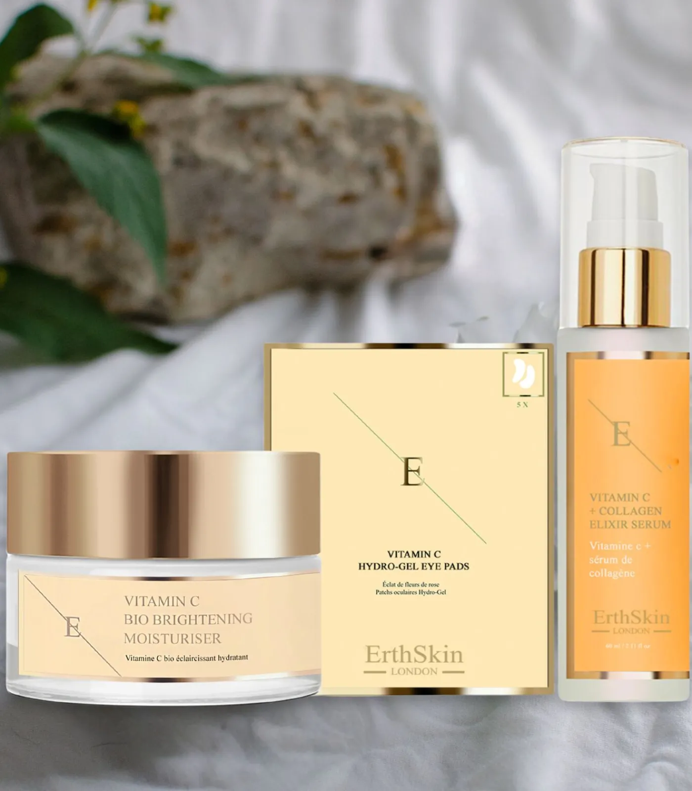 Erth Skin London VITAMINE C ELIXIR SERUM + Vitamine C Bio Brightening Moisturizer + Oogkussentjes