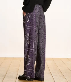 Hot Vloeiende broek in pruimkleurige twill met sjaalprint DAMES Broeken & Shorts