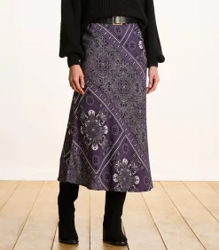 Sale Vloeiende rok in pruimkleurige twill met sjaalprint DAMES Rokken