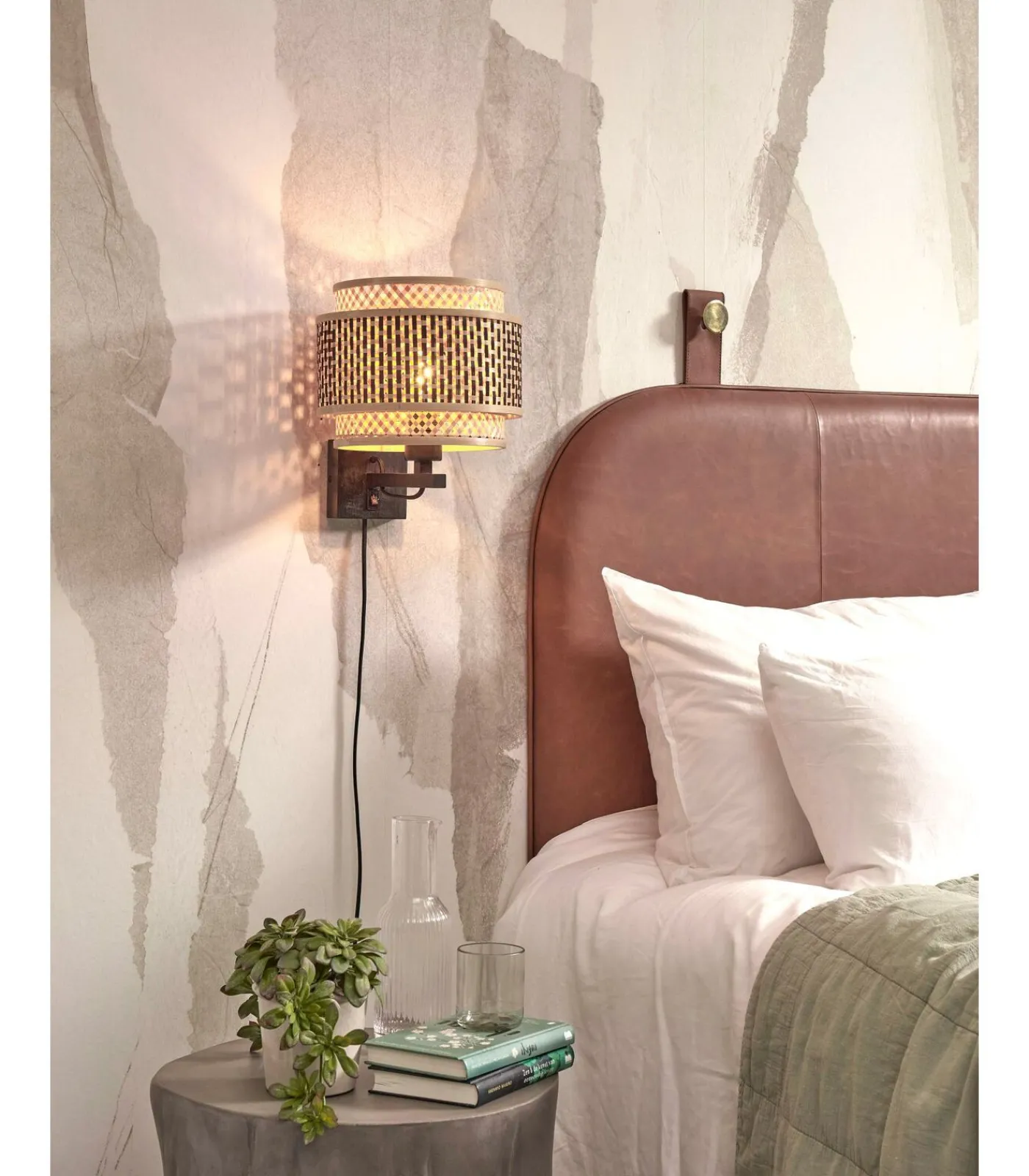 Sale Wandlamp Bhutan - Bamboe/Zwart - Ø25cm Muurverlichting
