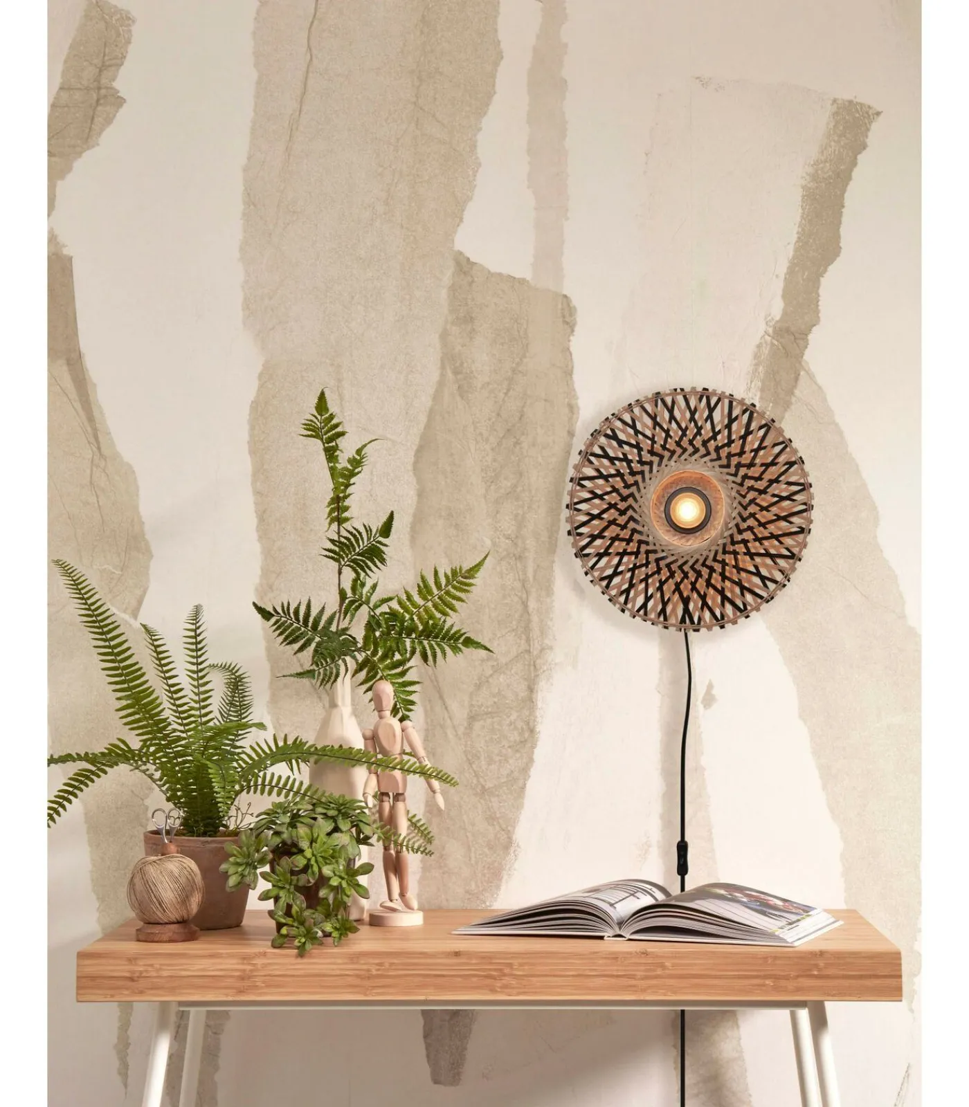 Hot Wandlamp Kalimantan - Bamboe/Zwart - Ø30cm Muurverlichting