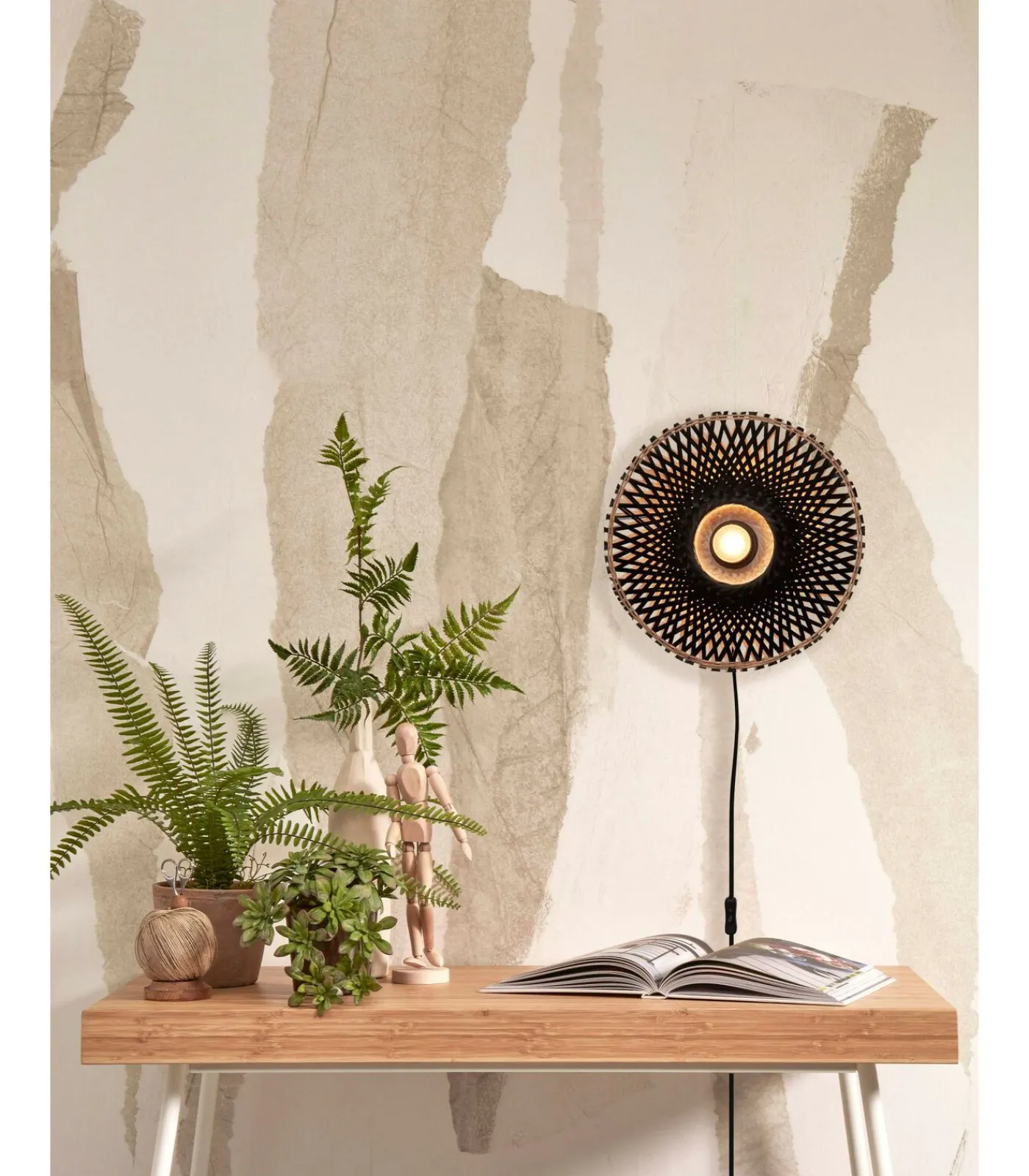 Best Wandlamp Kalimantan - Zwart/Bamboe - Ø30cm Muurverlichting