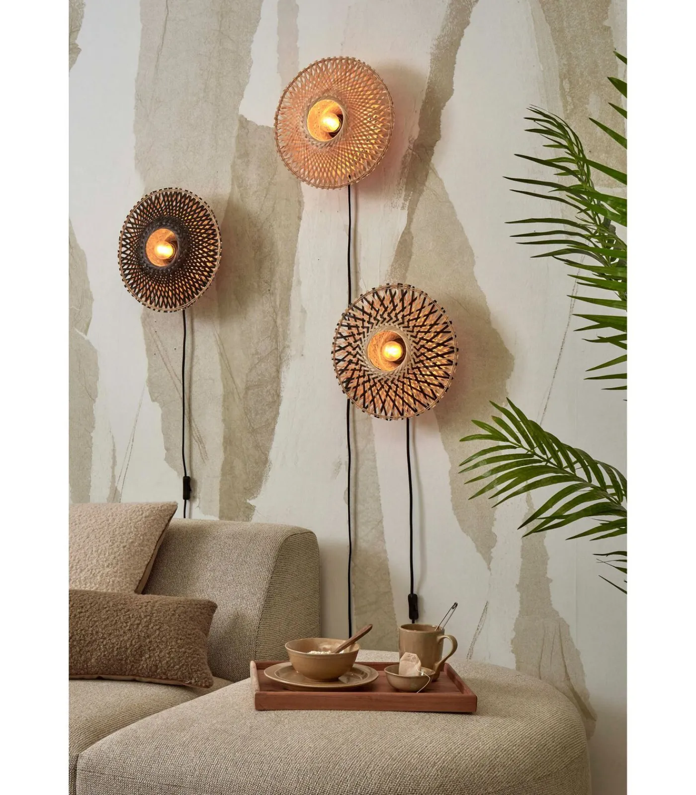Best Wandlamp Kalimantan - Zwart/Bamboe - Ø30cm Muurverlichting