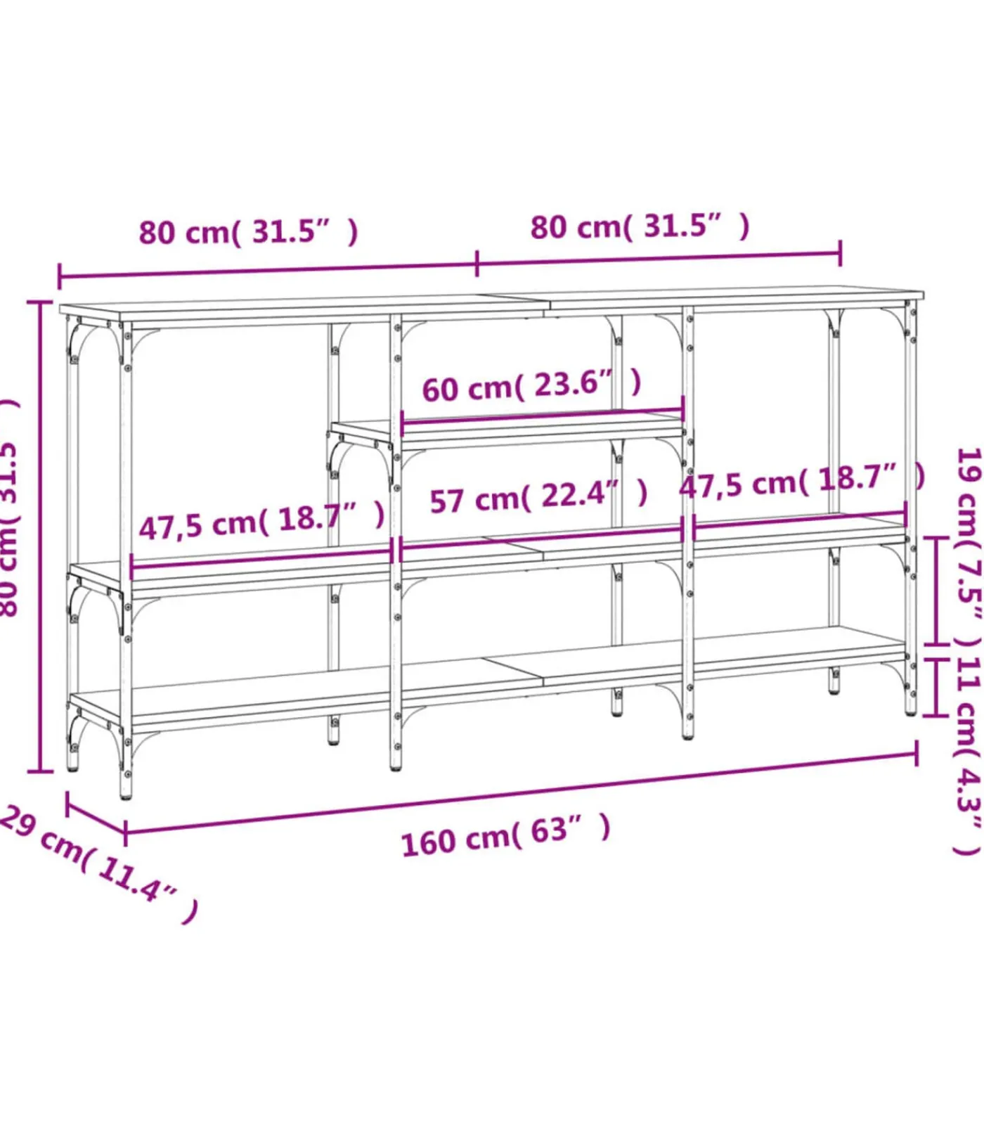 vidaXL Wandtafel 160x29x80 cm bewerkt hout grijs sonoma eikenkleurig