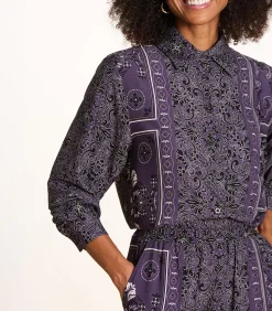 Outlet Wijde pruimkleurige blouse met sjaalprint in twill DAMES Overhemden & Blouses