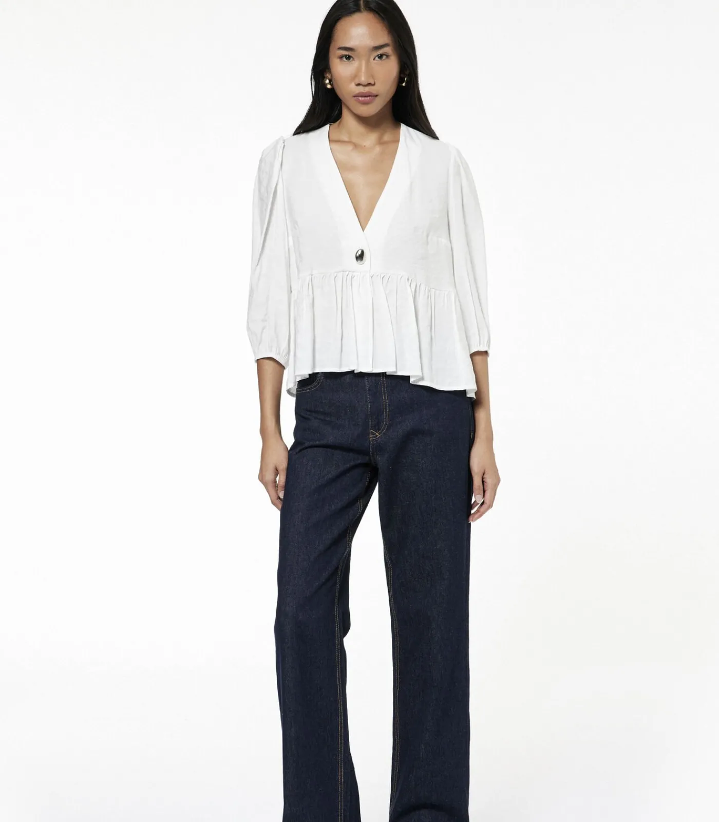 DAMES Koton Witte Blouse V-hals 3/4 Mouwen Peplum