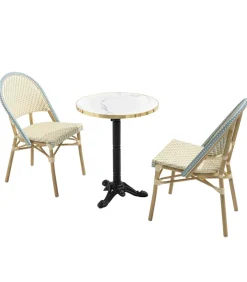 Sale Witte marmeren liggende terrastafel van 60 cm en 2 blauwe stoelen Tuinmeubelen