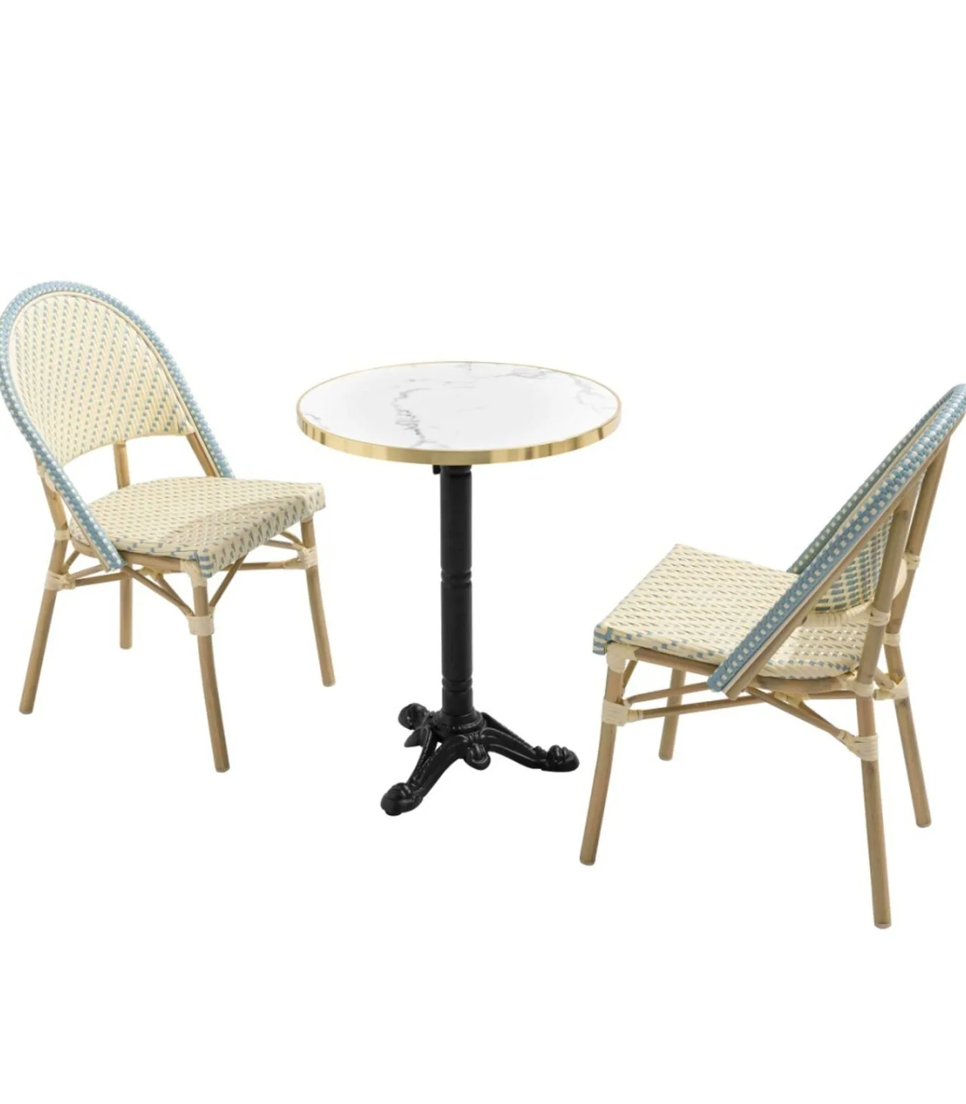 Sale Witte marmeren liggende terrastafel van 60 cm en 2 blauwe stoelen Tuinmeubelen