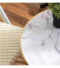 Sale Witte marmeren liggende terrastafel van 60 cm en 2 blauwe stoelen Tuinmeubelen