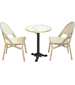 Sale Witte marmeren liggende terrastafel van 60 cm en 2 blauwe stoelen Tuinmeubelen