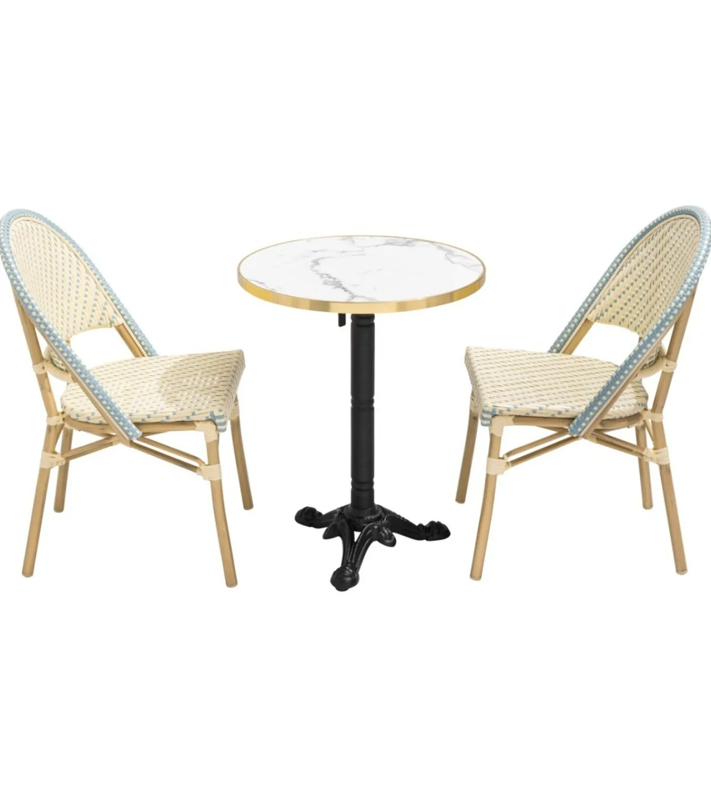 Sale Witte marmeren liggende terrastafel van 60 cm en 2 blauwe stoelen Tuinmeubelen