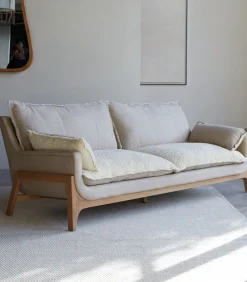 Online Woodnest - Driezitsbank van massief eiken en linnen Zetels