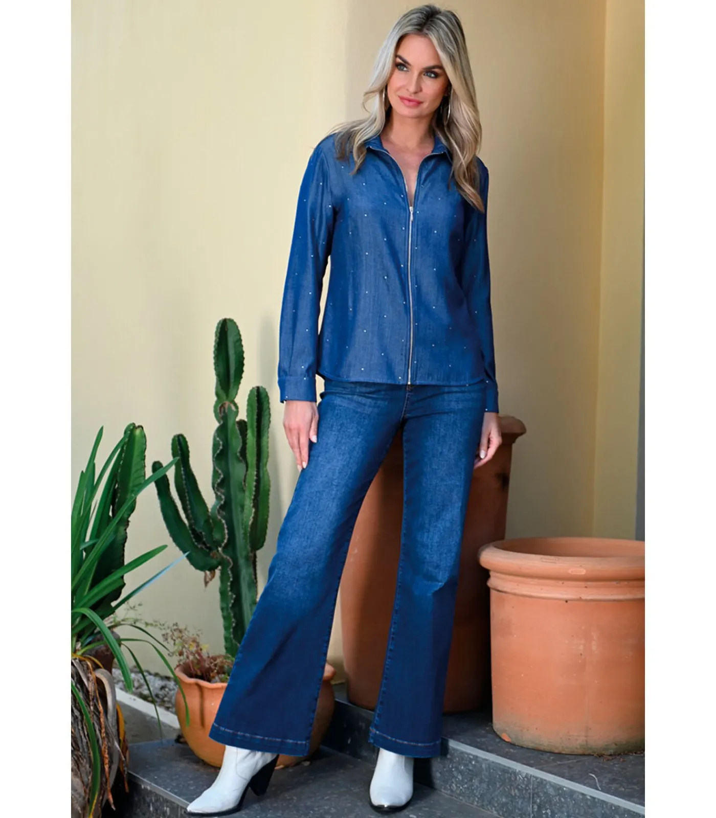 YOPAL Shirt met ritssluiting en strass-effect in denimlook DAMES Overhemden & Blouses