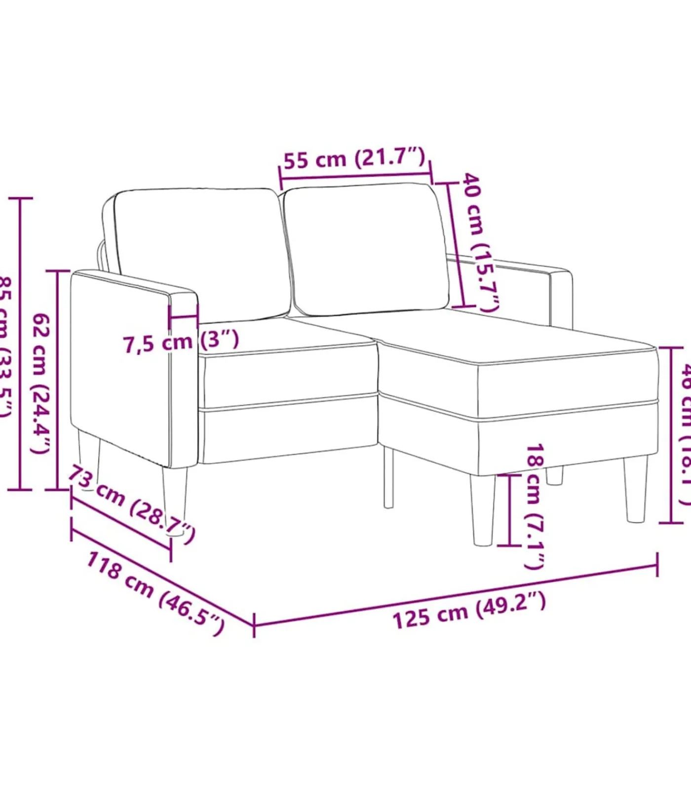 vidaXL 2-zitsbank met chaise L-vormige wolk 125 cm stof grijs