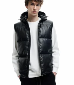 Heren Koton Zwarte Heren Bodywarmer met Capuchon en Zakdetails