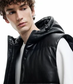 Heren Koton Zwarte Heren Bodywarmer met Capuchon en Zakdetails