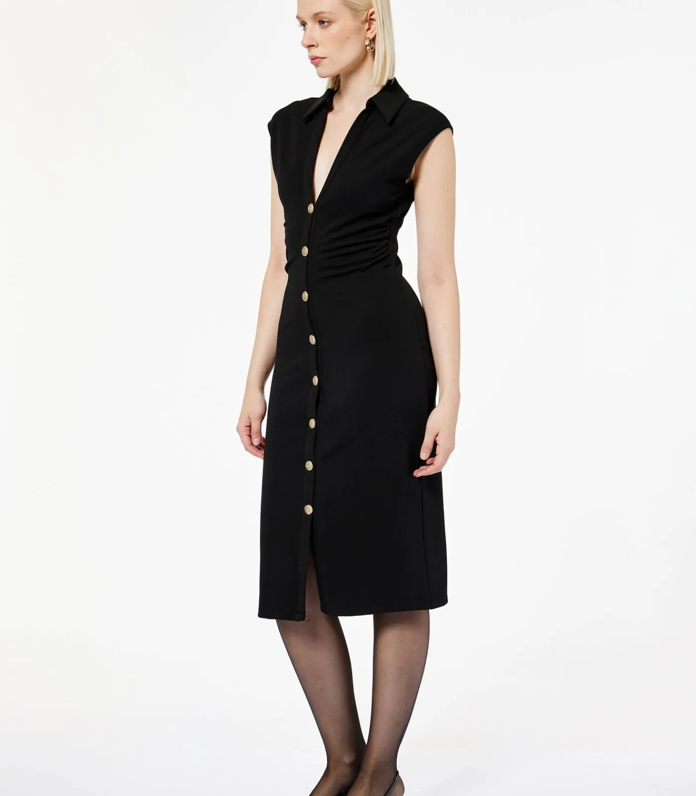 Sale Zwarte Midi-jurk V-hals Knopen Mouwloos DAMES Jurken