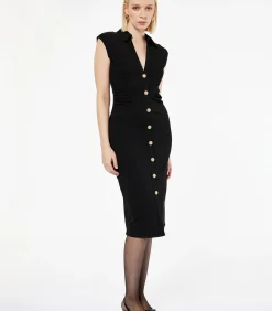 Sale Zwarte Midi-jurk V-hals Knopen Mouwloos DAMES Jurken