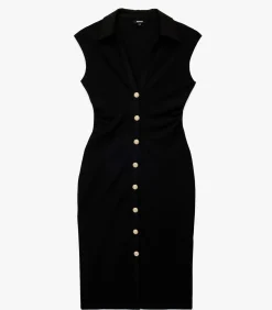 Sale Zwarte Midi-jurk V-hals Knopen Mouwloos DAMES Jurken