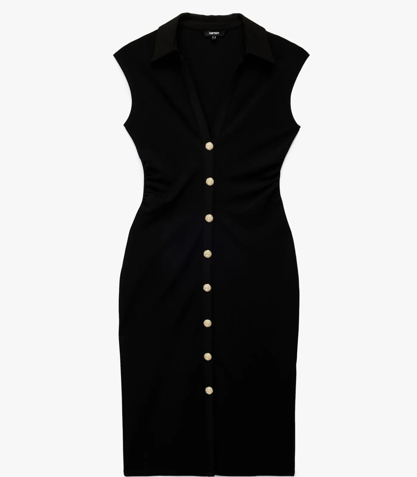 Sale Zwarte Midi-jurk V-hals Knopen Mouwloos DAMES Jurken